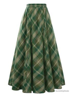 Plaid A-Line Maxi Skirt High Waist Godet Long Skirt with Pockets